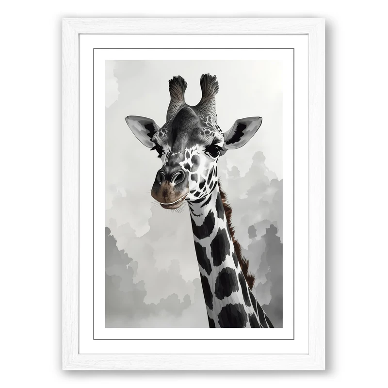 Giraffe Portrait Modern Framed Wall Art Print A1 (84.1×59.4cm) White, Wall Decor for Living Room, Bedroom, Office & Home, Ready to Hang, Art Gift