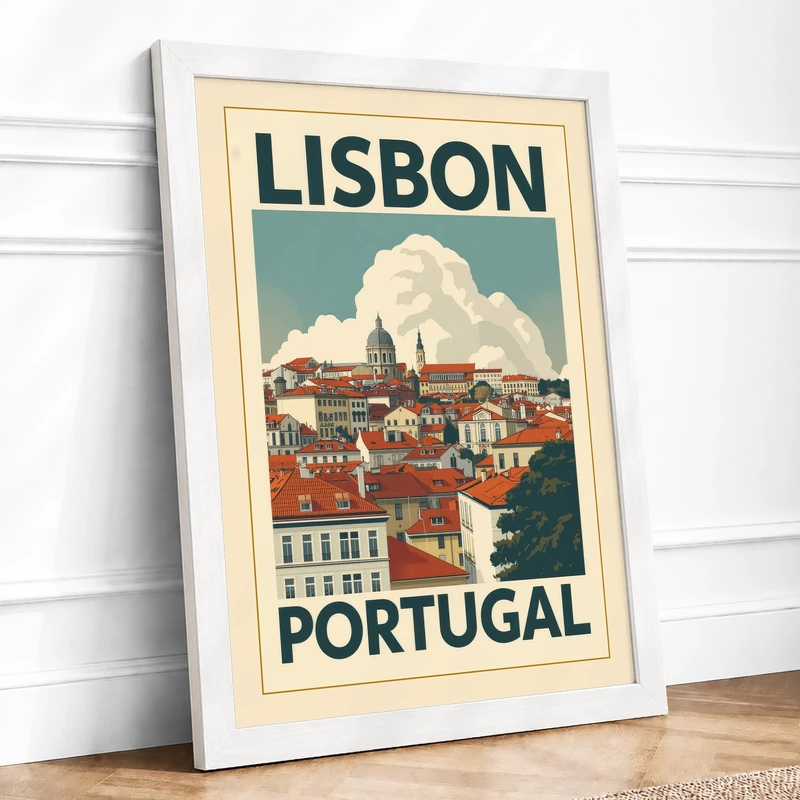 Postcard from Lisbon Vintage Framed Wall Art Print A1 (84.1×59.4cm) White, Wall Decor for Living Room, Bedroom, Office & Home, Ready to Hang, Art Gift