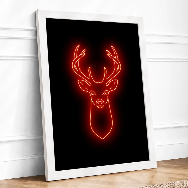 Neon Deer Modern Framed Wall Art Print A1 (84.1×59.4cm) White, Wall Decor for Living Room, Bedroom, Office & Home, Ready to Hang, Art Gift