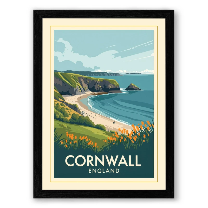 Postcard from Cornwall Vintage Framed Wall Art Print A1 (84.1×59.4cm) Black, Wall Decor for Living Room, Bedroom, Office & Home, Ready to Hang, Art Gift