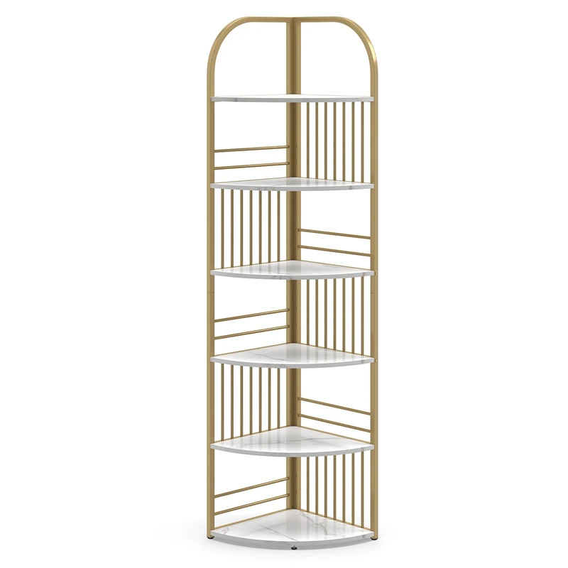 CASART Corner Shelf, 4/5/6-Tier Wooden Tall Bookshelf, Freestanding Storage Shelf Narrow Ladder Shelving Unit for Living Room Bedroom Office Hallway (White+Gold, 6-Tier)