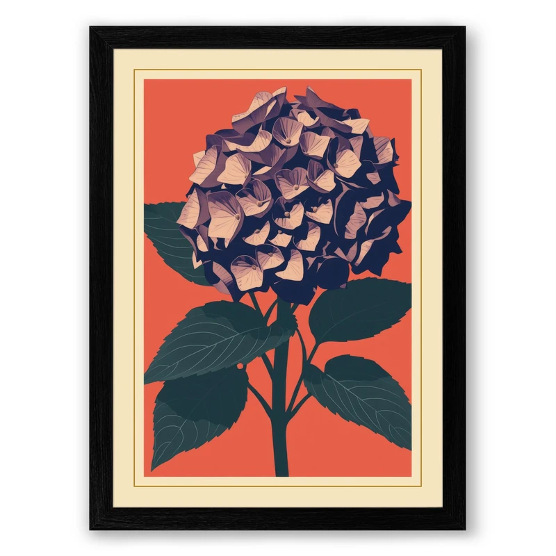 Geometric Hydrangea Botanical Framed Wall Art Print A1 (84.1×59.4cm) Black, Wall Decor for Living Room, Bedroom, Office & Home, Ready to Hang, Art Gift