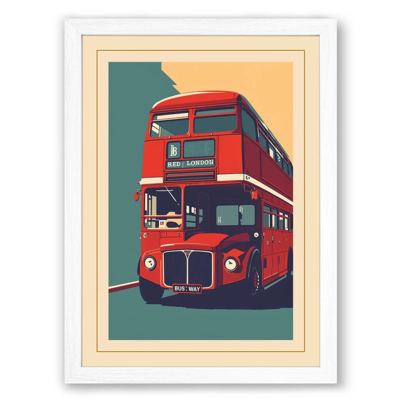 London Bus in Colour Art Deco Framed Wall Art Print A1 (84.1×59.4cm) White, Wall Decor for Living Room, Bedroom, Office & Home, Ready to Hang, Art Gift