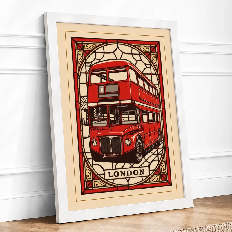 London Bus Art Deco Vintage Framed Wall Art Print A1 (84.1×59.4cm) White, Wall Decor for Living Room, Bedroom, Office & Home, Ready to Hang, Art Gift - Image 1