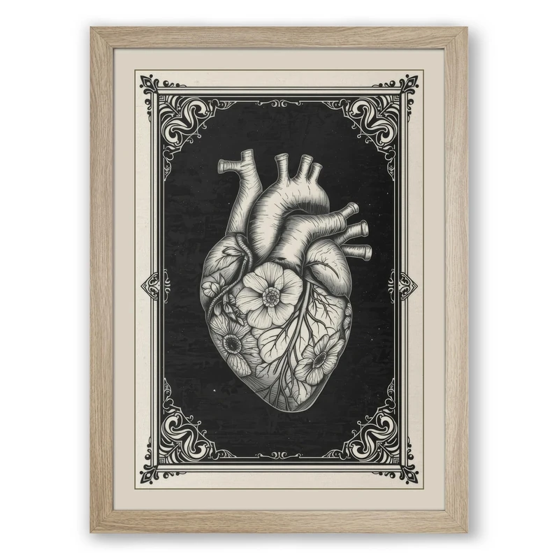 Anatomical Heart in Frame Vintage Framed Wall Art Print A1 (84.1×59.4cm) Oak, Wall Decor for Living Room, Bedroom, Office & Home, Ready to Hang, Art Gift