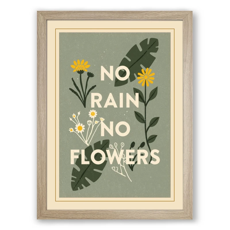 No Rain No Flowers Botanical Framed Wall Art Print A1 (84.1×59.4cm) Oak, Wall Decor for Living Room, Bedroom, Office & Home, Ready to Hang, Art Gift - Image 1