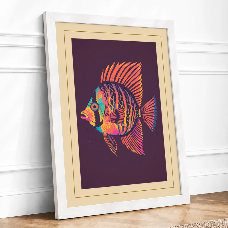 Tropical Fish Retro Framed Wall Art Print A1 (84.1×59.4cm) White, Wall Decor for Living Room, Bedroom, Office & Home, Ready to Hang, Art Gift