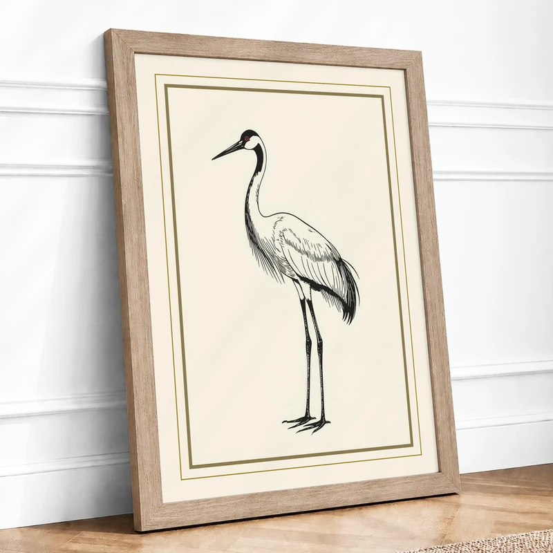 Standing Crane Minimalist Framed Wall Art Print A1 (84.1×59.4cm) Oak, Wall Decor for Living Room, Bedroom, Office & Home, Ready to Hang, Art Gift