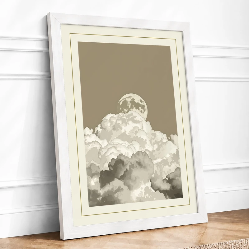 Moon Beyond Clouds Minimalist Framed Wall Art Print A1 (84.1×59.4cm) White, Wall Decor for Living Room, Bedroom, Office & Home, Ready to Hang, Art Gift - Image 1