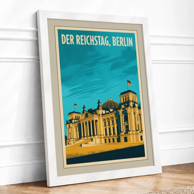 Reichstag, Berlin Art Deco Framed Wall Art Print A1 (84.1×59.4cm) White, Wall Decor for Living Room, Bedroom, Office & Home, Ready to Hang, Art Gift - Image 1