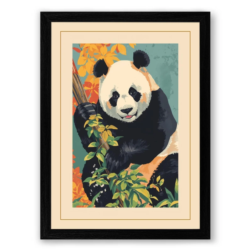 Panda with Bamboo Japandi Framed Wall Art Print A1 (84.1×59.4cm) Black, Wall Decor for Living Room, Bedroom, Office & Home, Ready to Hang, Art Gift