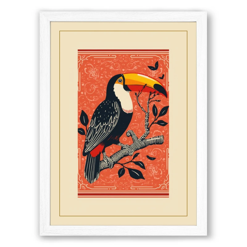 Toucan on Branch Boho Framed Wall Art Print A1 (84.1×59.4cm) White, Wall Decor for Living Room, Bedroom, Office & Home, Ready to Hang, Art Gift