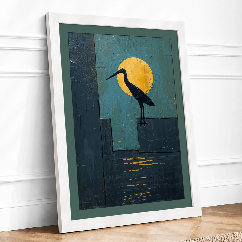Crane and Moon Minimalist Framed Wall Art Print A1 (84.1×59.4cm) White, Wall Decor for Living Room, Bedroom, Office & Home, Ready to Hang, Art Gift - Image 1