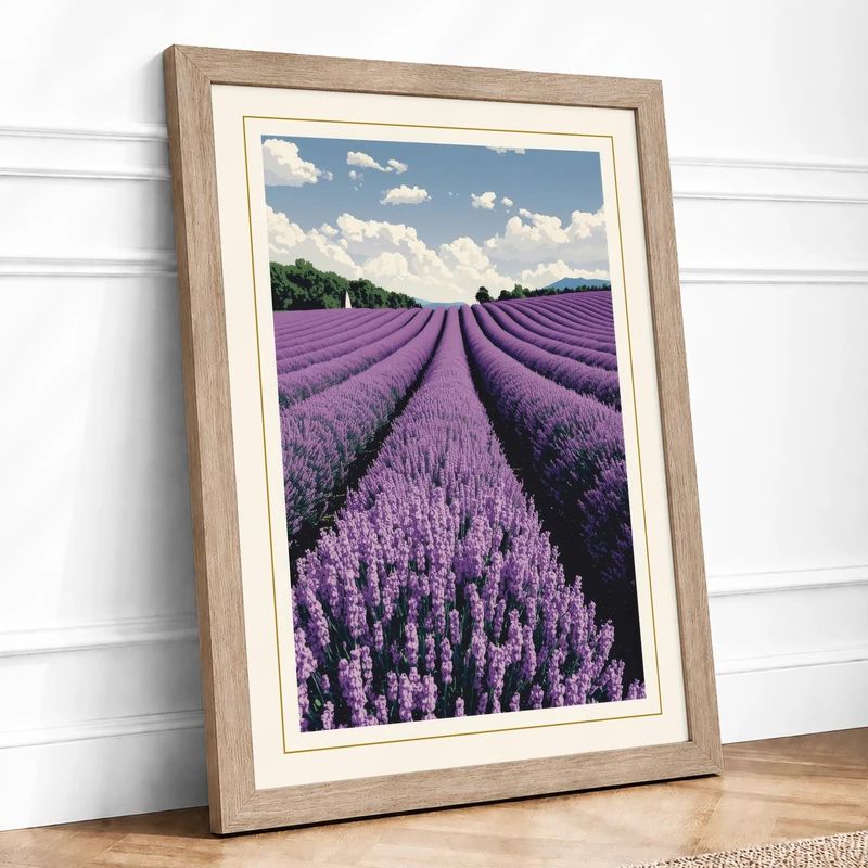 Lavender Fields Botanical Framed Wall Art Print A1 (84.1×59.4cm) Oak, Wall Decor for Living Room, Bedroom, Office & Home, Ready to Hang, Art Gift