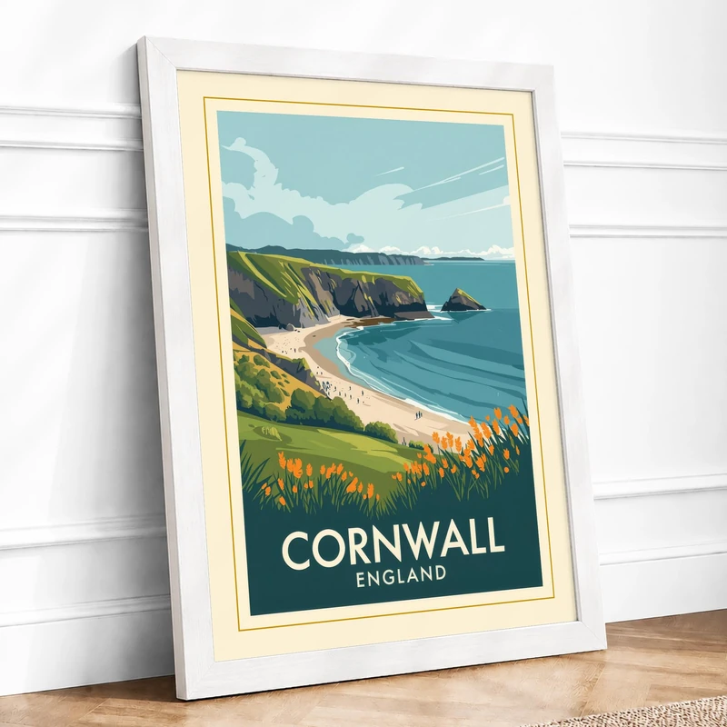 Postcard from Cornwall Vintage Framed Wall Art Print A1 (84.1×59.4cm) White, Wall Decor for Living Room, Bedroom, Office & Home, Ready to Hang, Art Gift
