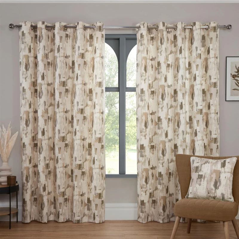 Sundour Bamford Fully Lined Abstract Eyelet Curtains Putty 90x72