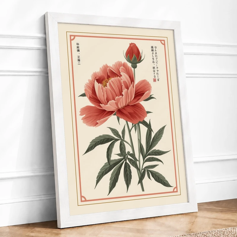 Peony in Bloom Botanical Framed Wall Art Print A1 (84.1×59.4cm) White, Wall Decor for Living Room, Bedroom, Office & Home, Ready to Hang, Art Gift - Image 1