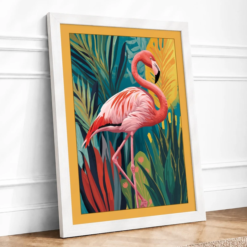 Flamingo Tropical Framed Wall Art Print A1 (84.1×59.4cm) White, Wall Decor for Living Room, Bedroom, Office & Home, Ready to Hang, Art Gift