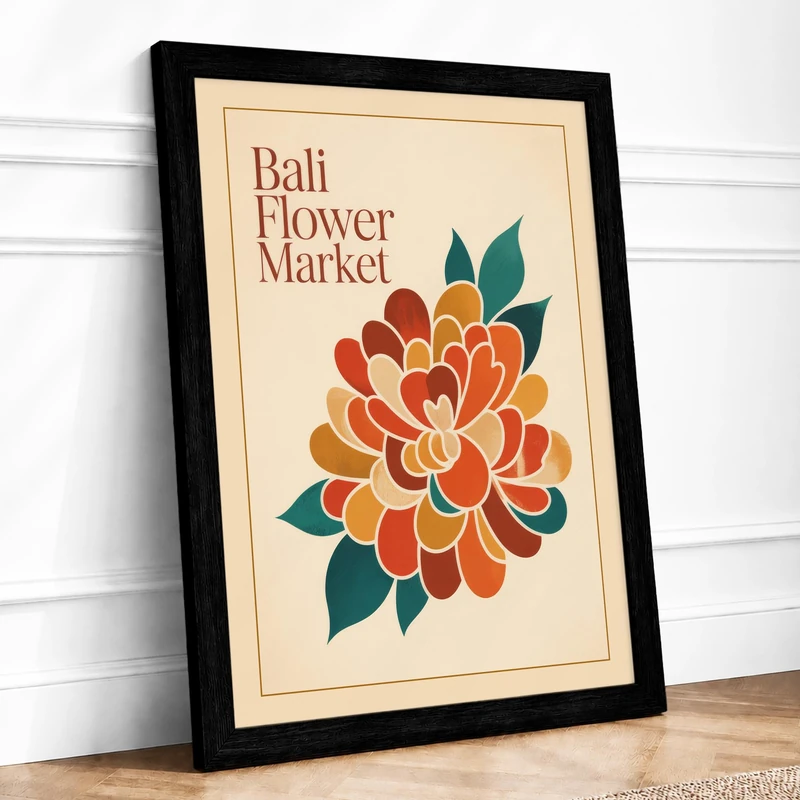 Bali Flower Market Mid-Century Framed Wall Art Print A1 (84.1×59.4cm) Black, Wall Decor for Living Room, Bedroom, Office & Home, Ready to Hang, Art Gift - Image 1