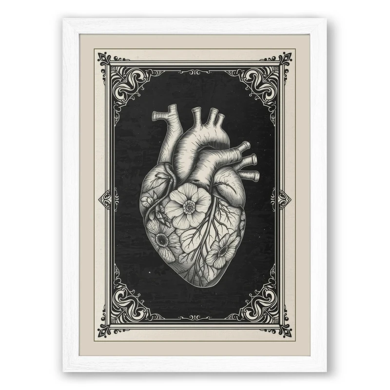 Anatomical Heart in Frame Vintage Framed Wall Art Print A1 (84.1×59.4cm) White, Wall Decor for Living Room, Bedroom, Office & Home, Ready to Hang, Art Gift