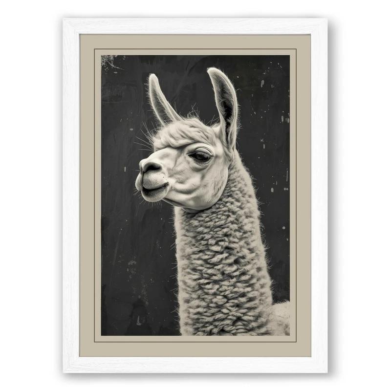 Alpaca Portrait Japandi Framed Wall Art Print A1 (84.1×59.4cm) White, Wall Decor for Living Room, Bedroom, Office & Home, Ready to Hang, Art Gift - Image 1