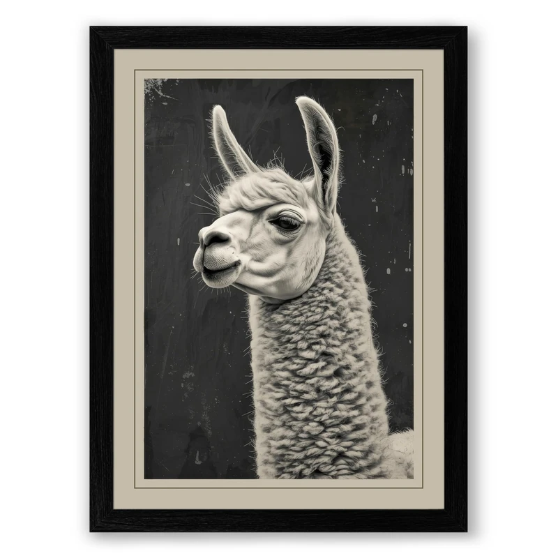 Alpaca Portrait Japandi Framed Wall Art Print A1 (84.1×59.4cm) Black, Wall Decor for Living Room, Bedroom, Office & Home, Ready to Hang, Art Gift - Image 1