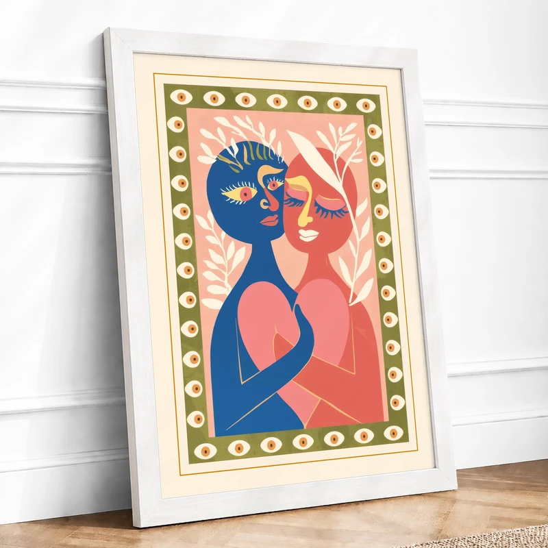 Facing Profiles in Balance Mid-Century Framed Wall Art Print A1 (84.1×59.4cm) White, Wall Decor for Living Room, Bedroom, Office & Home, Ready to Hang, Art Gift - Image 1
