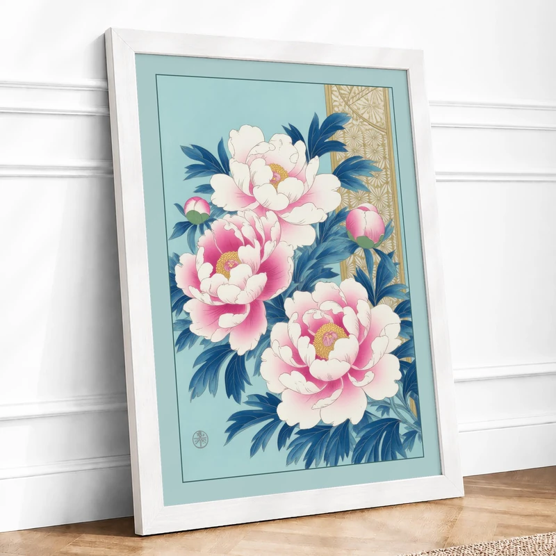 Peony Study Botanical Framed Wall Art Print A1 (84.1×59.4cm) White, Wall Decor for Living Room, Bedroom, Office & Home, Ready to Hang, Art Gift