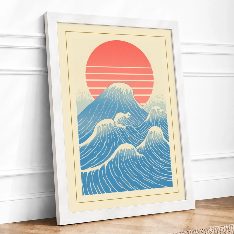 Wave and Rising Sun Japandi Framed Wall Art Print A1 (84.1×59.4cm) White, Wall Decor for Living Room, Bedroom, Office & Home, Ready to Hang, Art Gift - Image 1