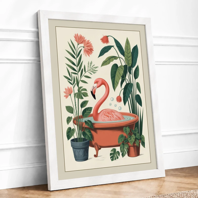 Flamingo and Botanicals Botanical Framed Wall Art Print A1 (84.1×59.4cm) White, Wall Decor for Living Room, Bedroom, Office & Home, Ready to Hang, Art Gift