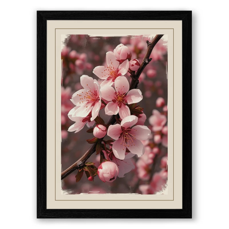 Soft Cherry Blossom Botanical Framed Wall Art Print A1 (84.1×59.4cm) Black, Wall Decor for Living Room, Bedroom, Office & Home, Ready to Hang, Art Gift