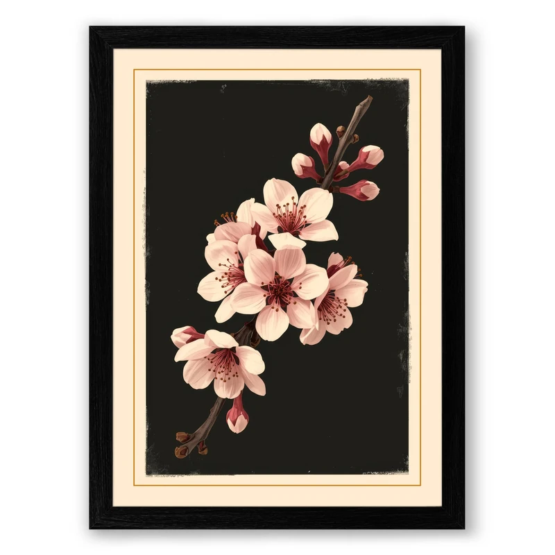 Moonlit Cherry Blossom Botanical Framed Wall Art Print A1 (84.1×59.4cm) Black, Wall Decor for Living Room, Bedroom, Office & Home, Ready to Hang, Art Gift