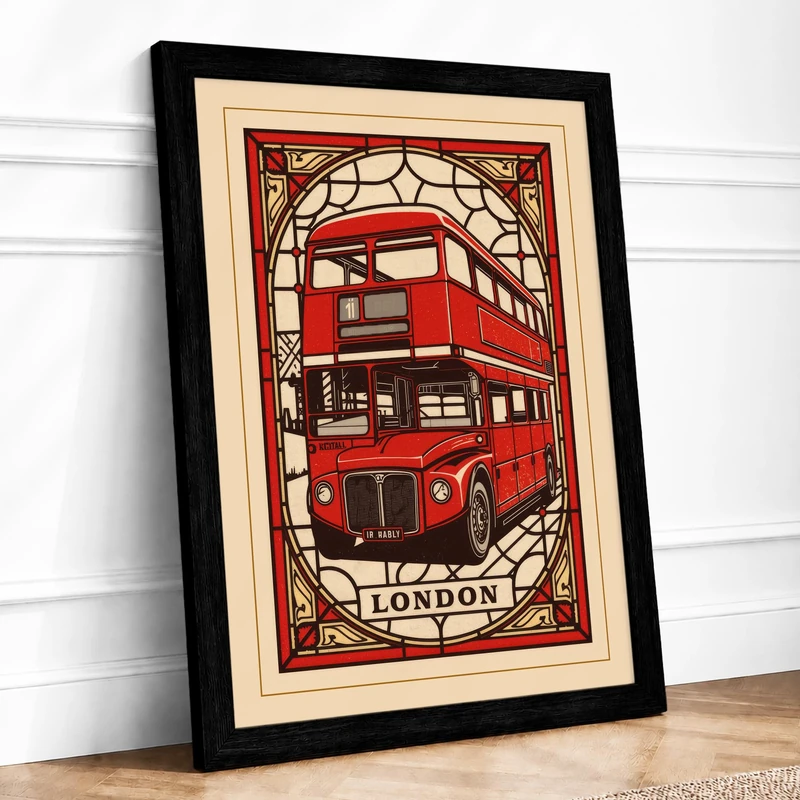 London Bus Art Deco Vintage Framed Wall Art Print A1 (84.1×59.4cm) Black, Wall Decor for Living Room, Bedroom, Office & Home, Ready to Hang, Art Gift - Image 1