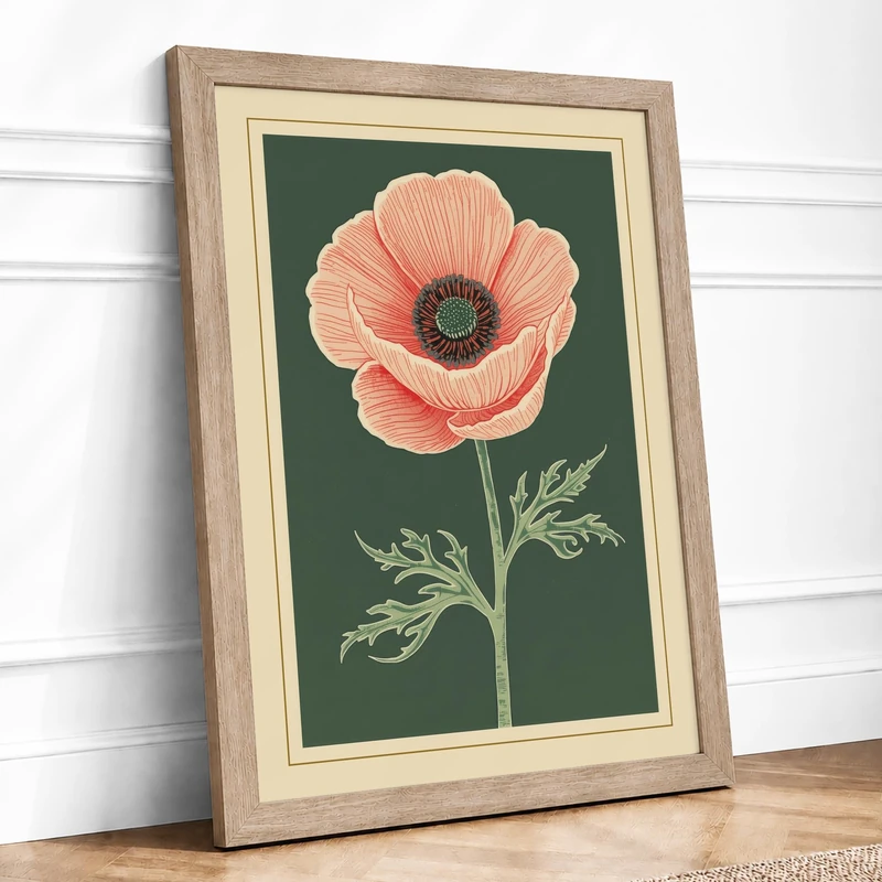 Coral Poppy Study Botanical Framed Wall Art Print A1 (84.1×59.4cm) Oak, Wall Decor for Living Room, Bedroom, Office & Home, Ready to Hang, Art Gift - Image 1