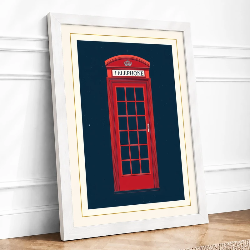 London Telephone Box Minimalist Framed Wall Art Print A1 (84.1×59.4cm) White, Wall Decor for Living Room, Bedroom, Office & Home, Ready to Hang, Art Gift - Image 1
