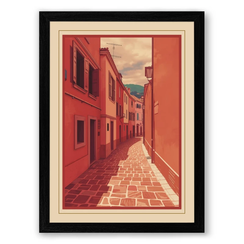 European Street at Dusk Vintage Framed Wall Art Print A1 (84.1×59.4cm) Black, Wall Decor for Living Room, Bedroom, Office & Home, Ready to Hang, Art Gift