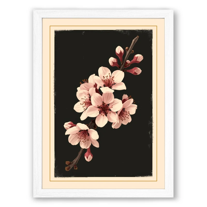 Moonlit Cherry Blossom Botanical Framed Wall Art Print A1 (84.1×59.4cm) White, Wall Decor for Living Room, Bedroom, Office & Home, Ready to Hang, Art Gift