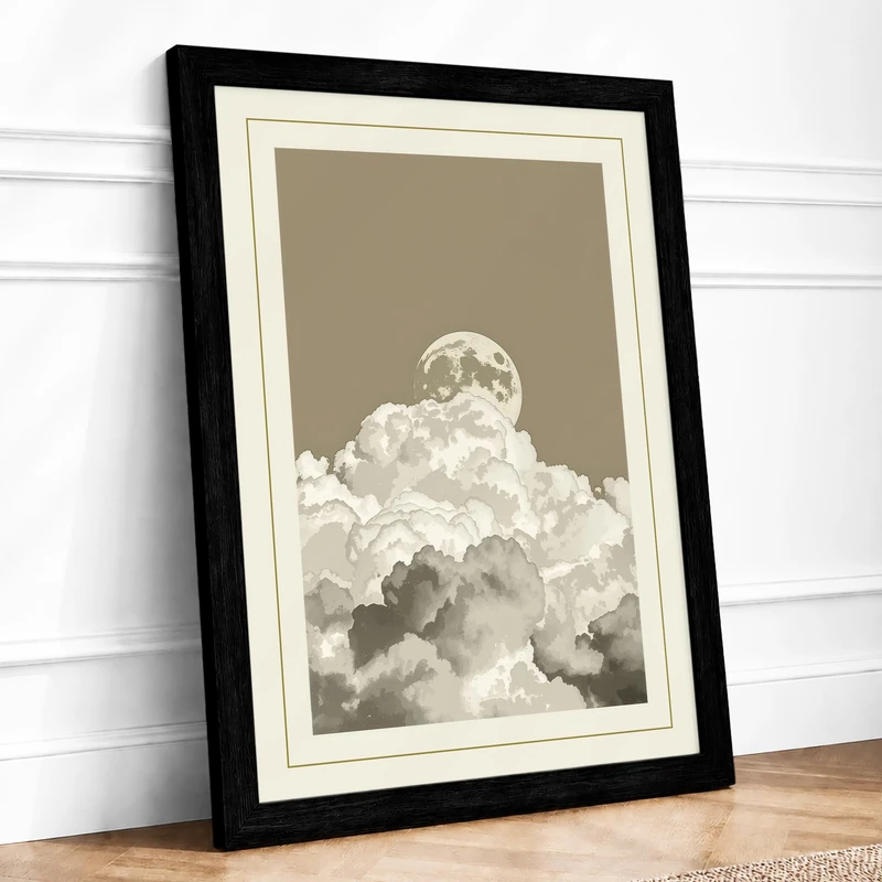 Moon Beyond Clouds Minimalist Framed Wall Art Print A1 (84.1×59.4cm) Black, Wall Decor for Living Room, Bedroom, Office & Home, Ready to Hang, Art Gift