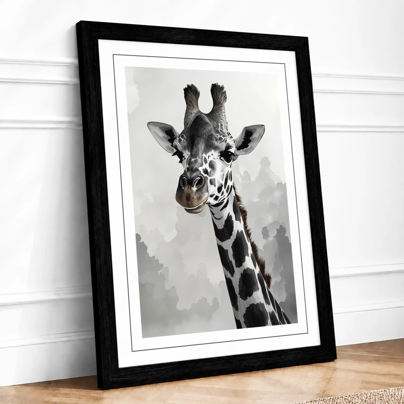 Giraffe Portrait Modern Framed Wall Art Print A1 (84.1×59.4cm) Black, Wall Decor for Living Room, Bedroom, Office & Home, Ready to Hang, Art Gift