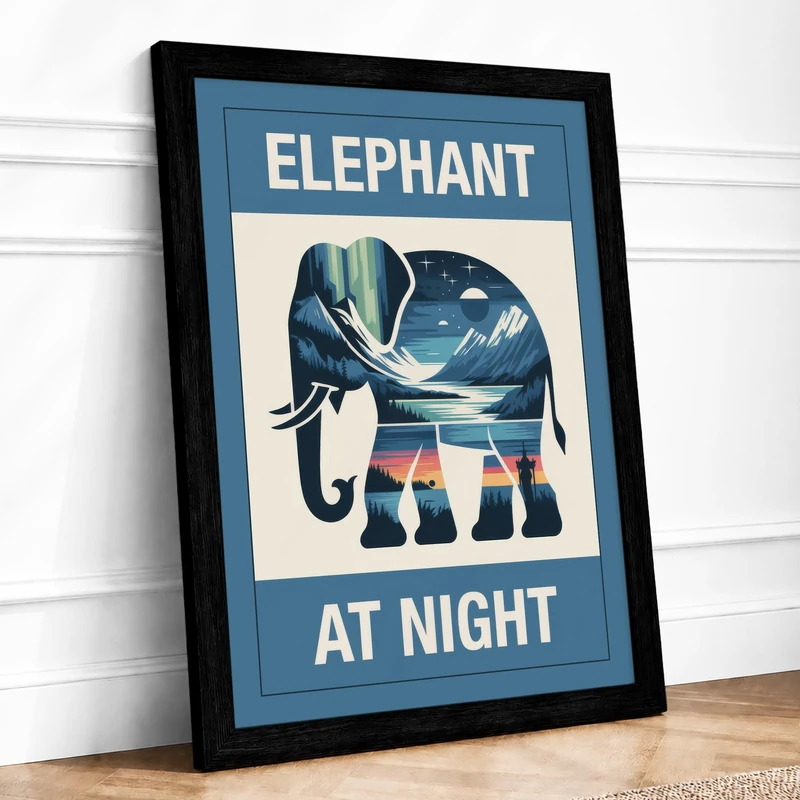 Elephant at Night Minimalist Framed Wall Art Print A1 (84.1×59.4cm) Black, Wall Decor for Living Room, Bedroom, Office & Home, Ready to Hang, Art Gift