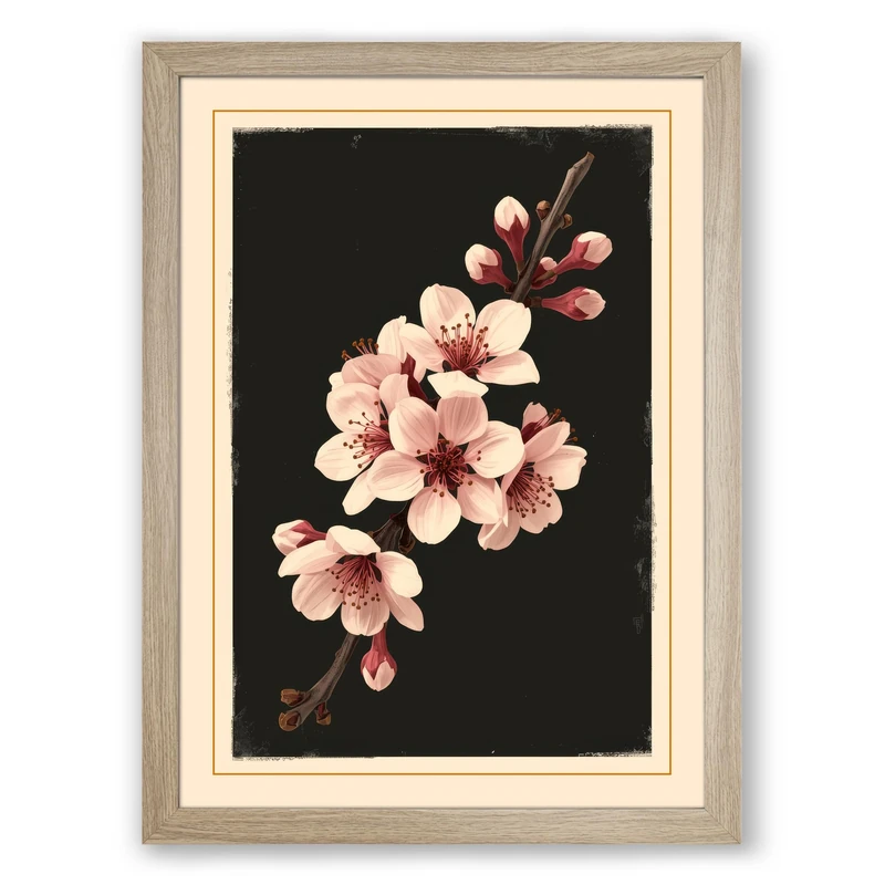 Moonlit Cherry Blossom Botanical Framed Wall Art Print A1 (84.1×59.4cm) Oak, Wall Decor for Living Room, Bedroom, Office & Home, Ready to Hang, Art Gift