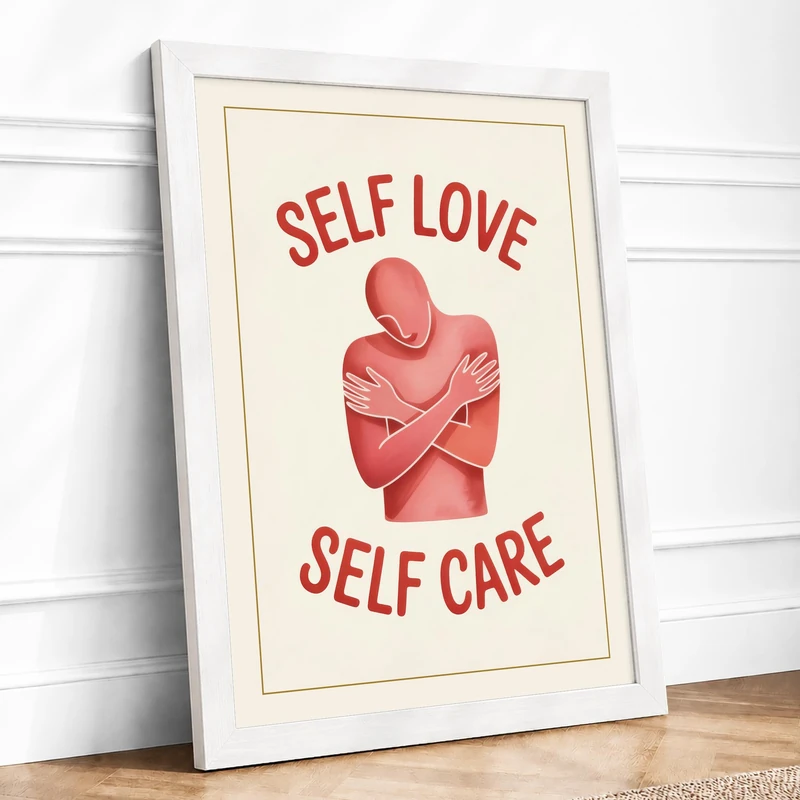 Self Love, Self Care Minimalist Framed Wall Art Print A1 (84.1×59.4cm) White, Wall Decor for Living Room, Bedroom, Office & Home, Ready to Hang, Art Gift
