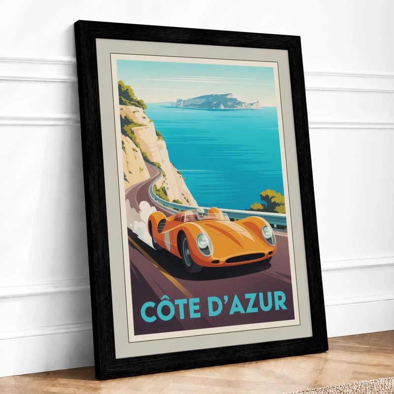 Postcard from Côte d'Azur Vintage Framed Wall Art Print A1 (84.1×59.4cm) Black, Wall Decor for Living Room, Bedroom, Office & Home, Ready to Hang, Art Gift