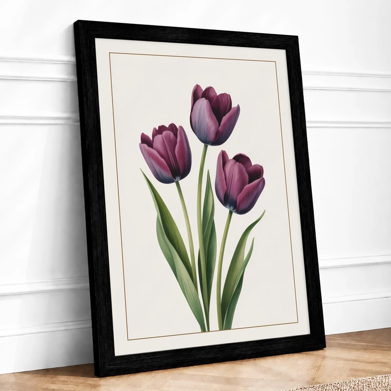 Purple Tulips Botanical Framed Wall Art Print A1 (84.1×59.4cm) Black, Wall Decor for Living Room, Bedroom, Office & Home, Ready to Hang, Art Gift - Image 1