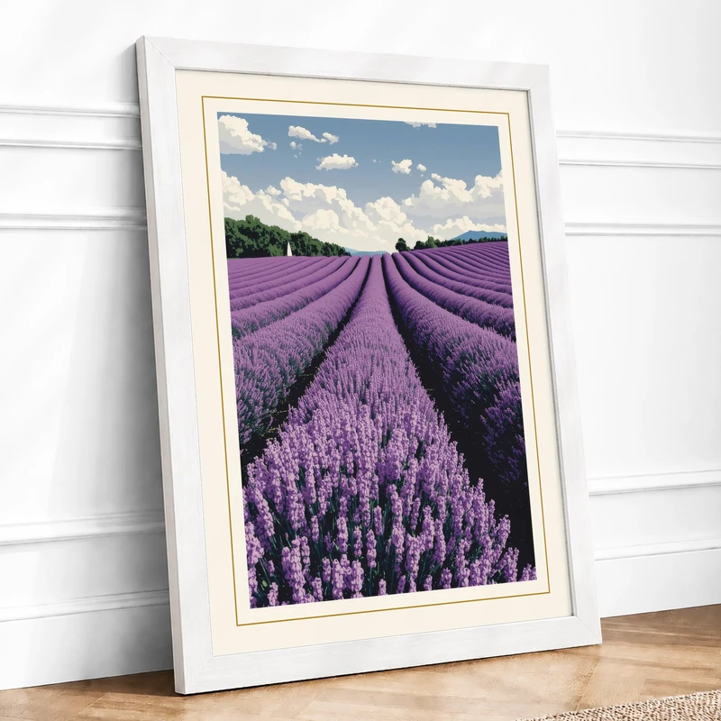 Lavender Fields Botanical Framed Wall Art Print A1 (84.1×59.4cm) White, Wall Decor for Living Room, Bedroom, Office & Home, Ready to Hang, Art Gift