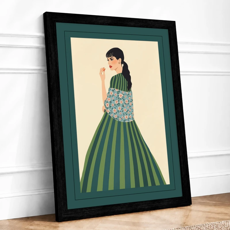Woman in Striped Skirt Vintage Framed Wall Art Print A1 (84.1×59.4cm) Black, Wall Decor for Living Room, Bedroom, Office & Home, Ready to Hang, Art Gift - Image 1