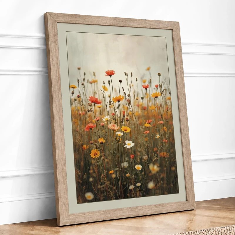 Wildflower Field Vintage Framed Wall Art Print A1 (84.1×59.4cm) Oak, Wall Decor for Living Room, Bedroom, Office & Home, Ready to Hang, Art Gift