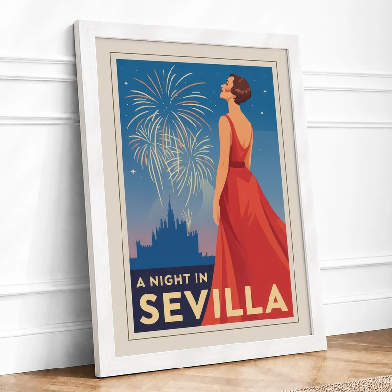 A Night in Seville Vintage Framed Wall Art Print A1 (84.1×59.4cm) White, Wall Decor for Living Room, Bedroom, Office & Home, Ready to Hang, Art Gift - Image 1