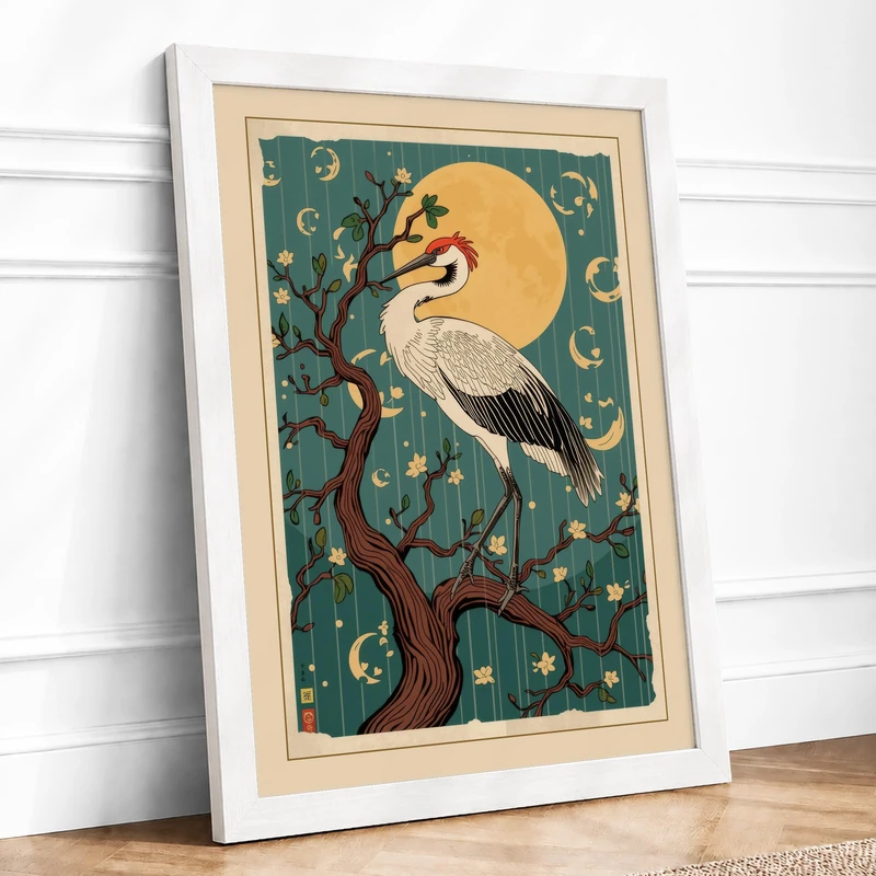 Crane Under Moon Japandi Framed Wall Art Print A1 (84.1×59.4cm) White, Wall Decor for Living Room, Bedroom, Office & Home, Ready to Hang, Art Gift - Image 1
