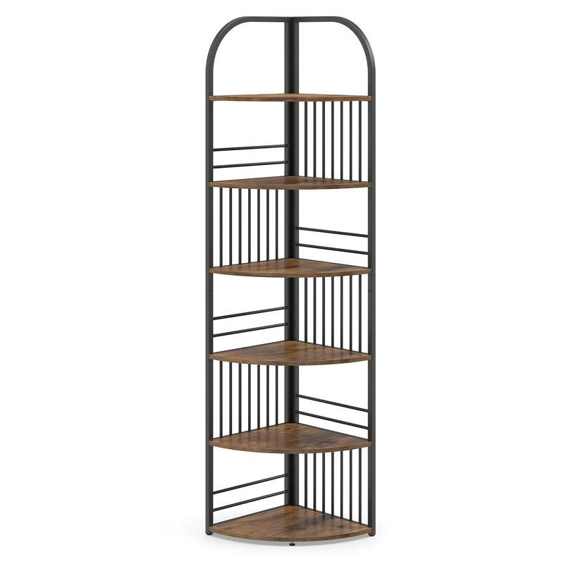 CASART Corner Shelf, 4/5/6-Tier Wooden Tall Bookshelf, Freestanding Storage Shelf Narrow Ladder Shelving Unit for Living Room Bedroom Office Hallway (Rustic Brown+Black, 6-Tier)